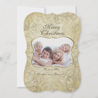 Damask Merry Christmas Gold Frame Your Photo Holiday Card
