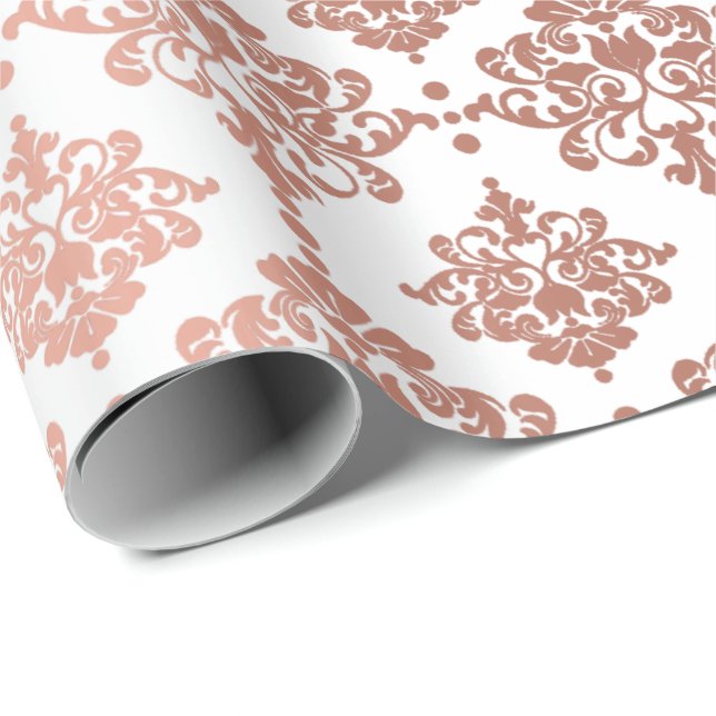 Damask Metallic Royal Floral Pink Rose White Blush Wrapping Paper (Roll Corner)