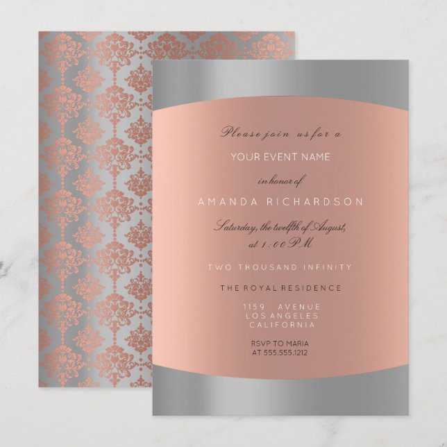 Damask Minimal Gray Rose Gold Elegant Royal Invitation (Front/Back)