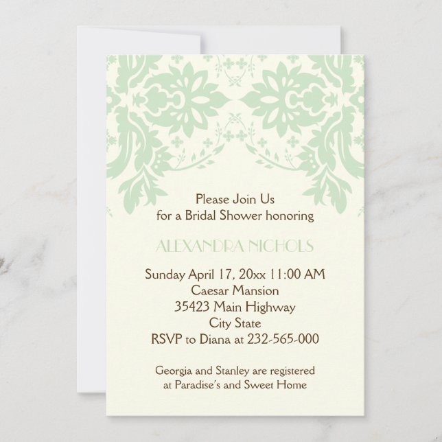 Damask mint green, ivory wedding bridal shower invitation (Front)