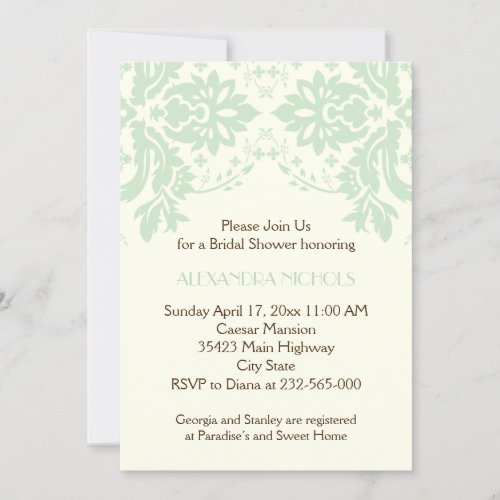 Damask mint green, ivory wedding bridal shower personalized invitations