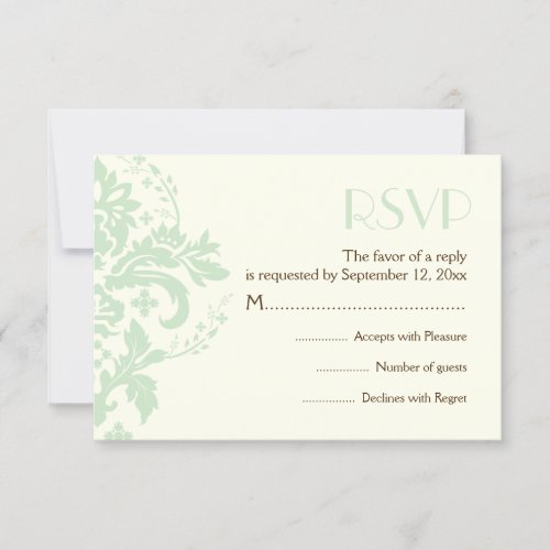Damask mint green, ivory wedding RSVP reply card