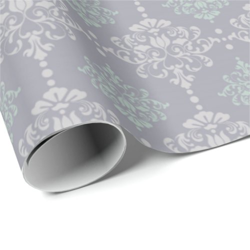 Damask Mint Green Pastel Gray Grey Delicate Wrapping Paper