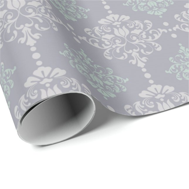 Damask Mint Green Pastel Gray Grey Delicate Wrapping Paper (Roll Corner)