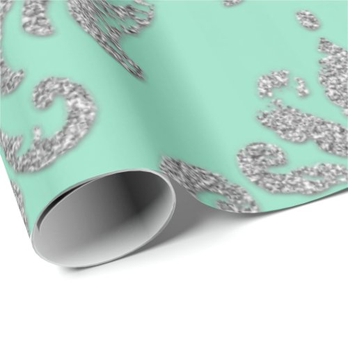 Damask Mint Green Royal Metallic Silver Glitter Wrapping Paper