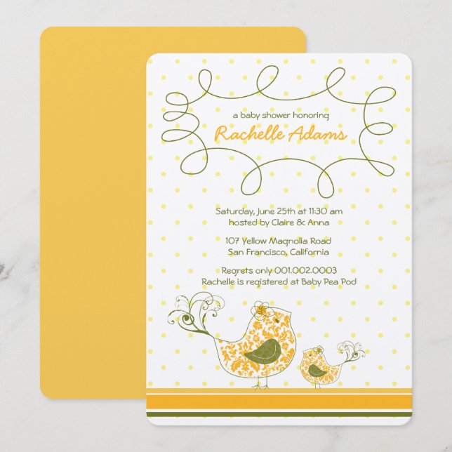 Damask Mom And Baby Bird Chic Yellow Baby Shower Invitation (Front/Back)