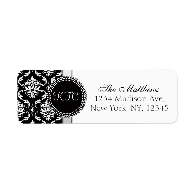 Damask Monogram Address Labels Black Silver (Front)