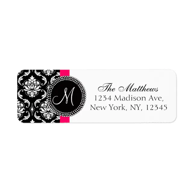 Damask Monogram Address Labels Black White | Zazzle