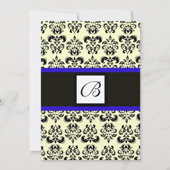 DAMASK MONOGRAM,black and white,blue gold metallic Invitation (Front)