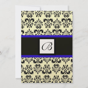 DAMASK MONOGRAM,black and white,blue gold metallic Invitation