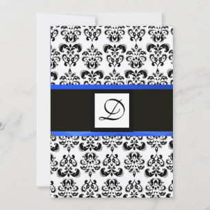 DAMASK MONOGRAM,black and white,blue Invitation