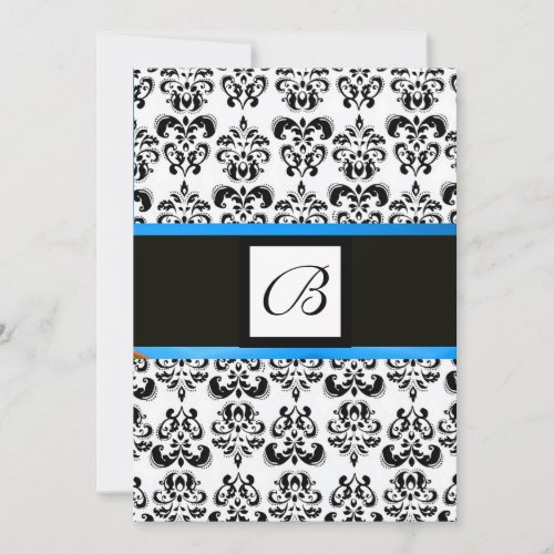 DAMASK MONOGRAMblack and whiteblue Invitation