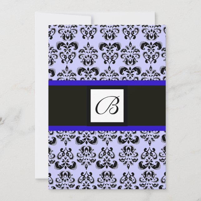DAMASK MONOGRAM,black and white,blue Invitation (Front)
