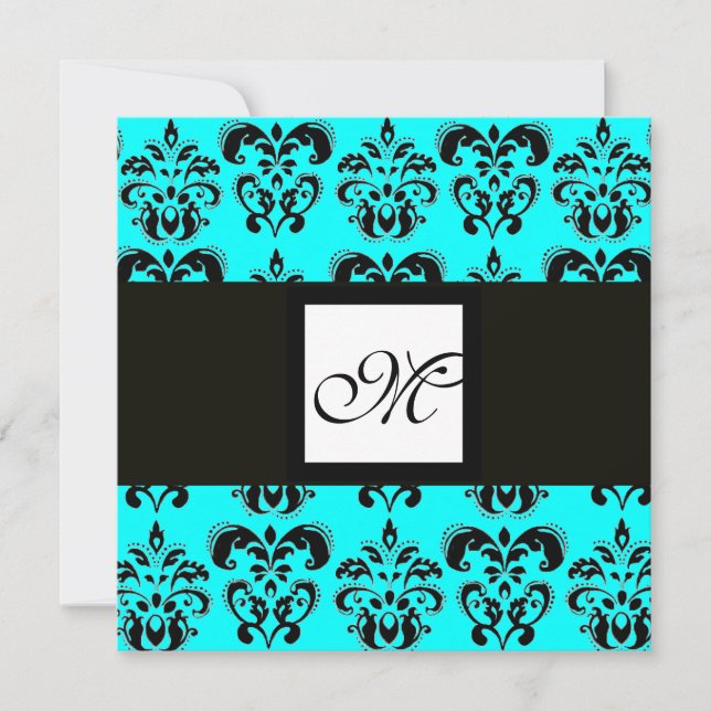 DAMASK MONOGRAM,black and white,blue turquase Invitation (Front)