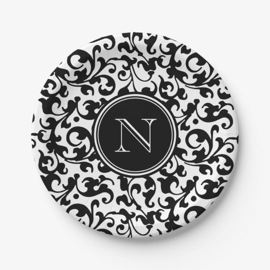Damask Monogram Black and White Elegant Paper Plate