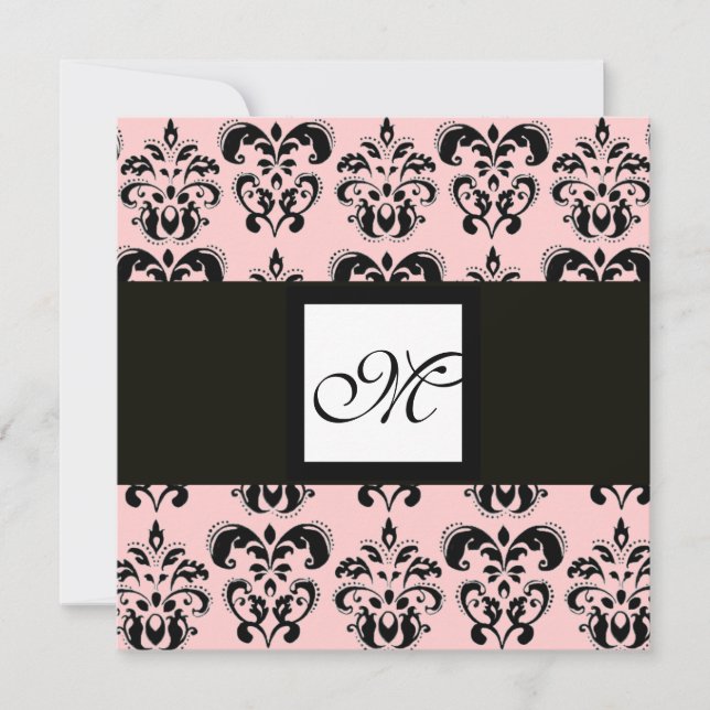 DAMASK MONOGRAM,black and white,pink Invitation (Front)