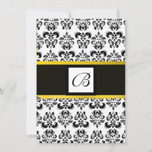 DAMASK MONOGRAM,black and white,yellow Invitation