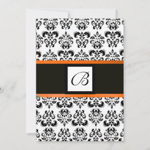 DAMASK MONOGRAM,black and white,yellow orange Invitation