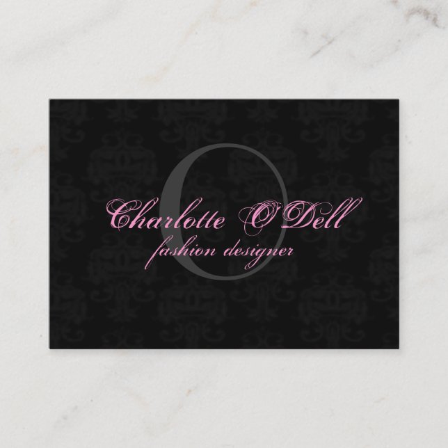 damask monogram; black// grey business card (Front)