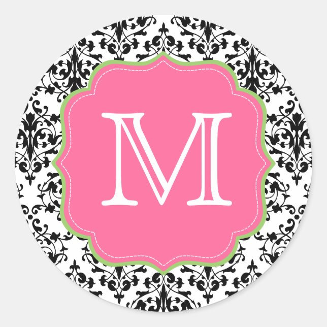 Damask Monogram Black Pink Green Classic Round Sticker (Front)