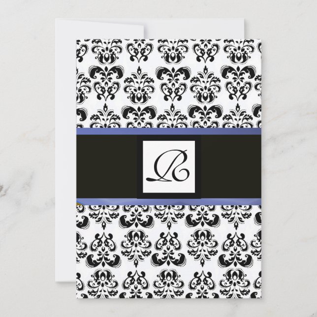 DAMASK MONOGRAM,black white, blue Invitation (Front)
