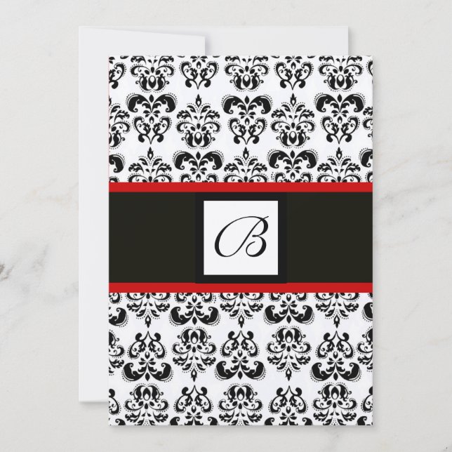 DAMASK MONOGRAM,black, white,gold metallic,red Invitation (Front)