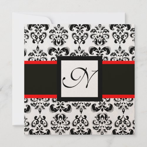 DAMASK MONOGRAMBlackWhiteRed Champagne Metallic Invitation