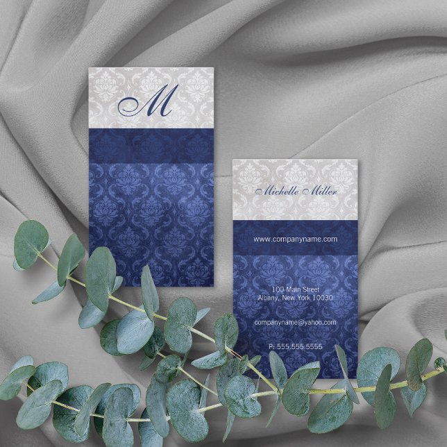 Damask Monogram Blue Gray Business Card (Creator Uploaded)