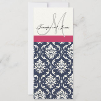 Damask Monogram Blue Pink Cream Wedding Invitation