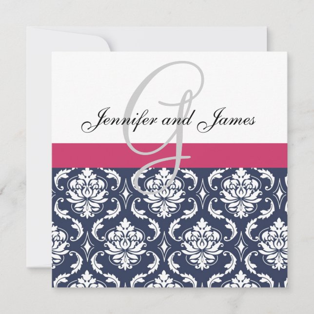 Damask Monogram Blue Pink White Wedding Invitation (Front)
