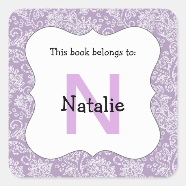 Damask monogram book plate stickers lavender (Front)