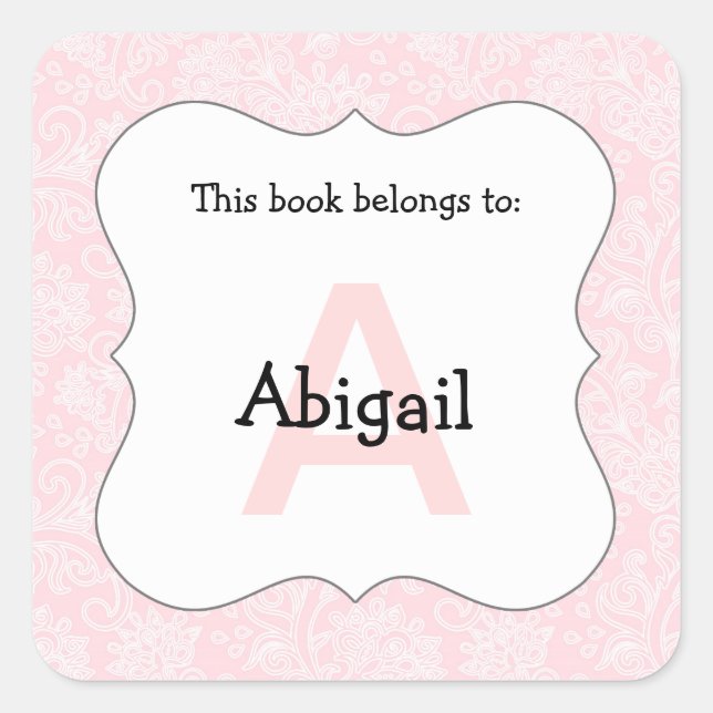 Damask monogram book plate stickers pink (Front)
