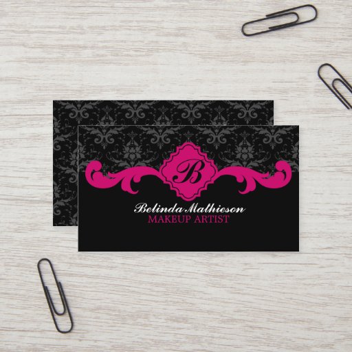 Customizable Damask Monogram Fuchsia Business Cards