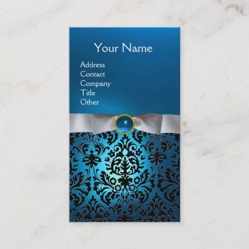 DAMASK MONOGRAM gem blue white ribbon Business Card