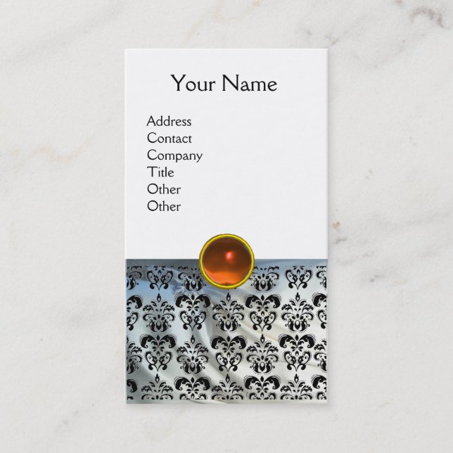 DAMASK MONOGRAM gem orange white silk Business Card (Front)