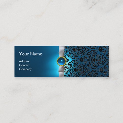 DAMASK MONOGRAM gem ribbon white blue Mini Business Card