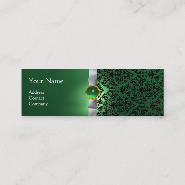 DAMASK MONOGRAM gem ribbon white green Mini Business Card (Front)