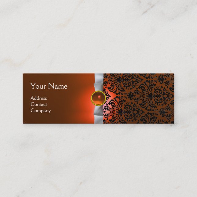 DAMASK MONOGRAM gem ribbon white orange Mini Business Card (Front)