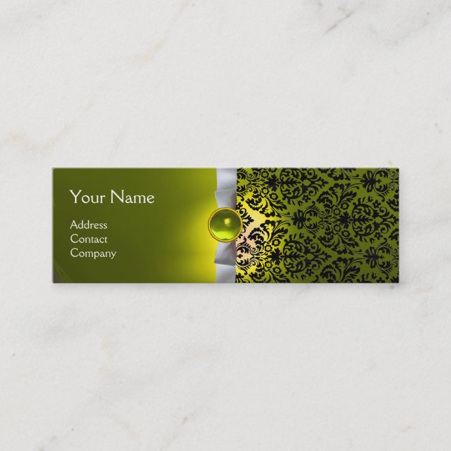 DAMASK MONOGRAM gem ribbon white yellow Mini Business Card (Front)