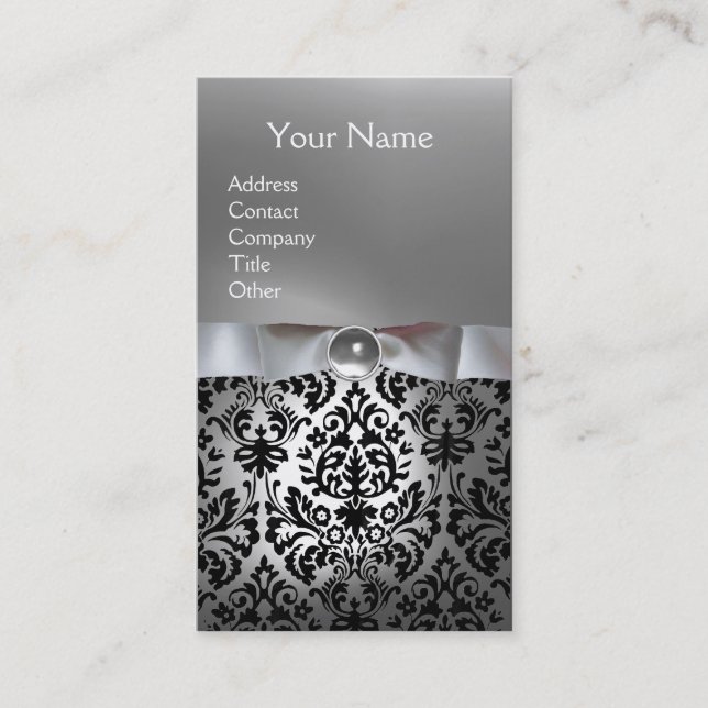 DAMASK MONOGRAM gem white ribbon black Business Card (Front)