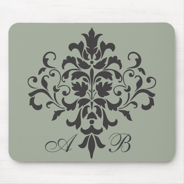 Damask Monogram in Elegant Gray or Grey Mouse Pad (Front)