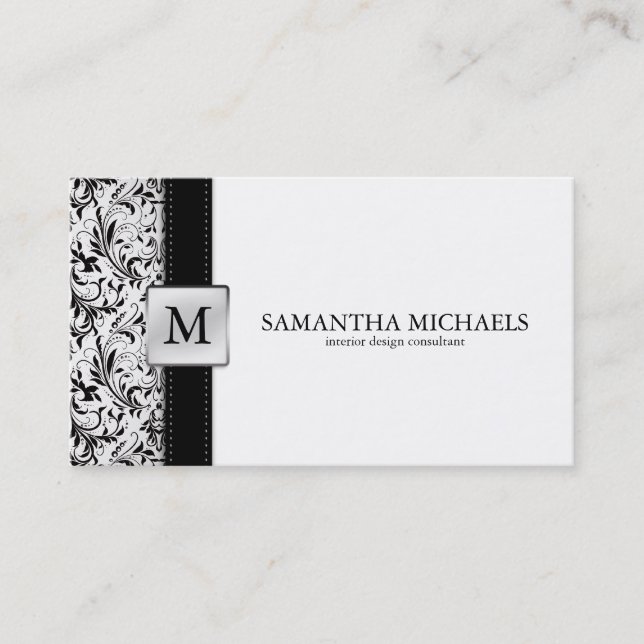 Damask Monogram Interior Design Business Cards (Front)