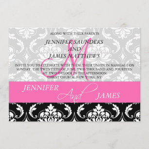 Damask Monogram Names Hot Pink Wedding Invitation