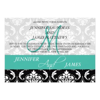 Teal Black Damask Wedding Invitations