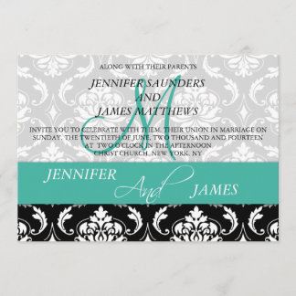 Damask Monogram Names Turquoise Wedding Invitation