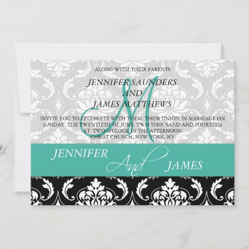 Damask Monogram Names Turquoise Wedding Invitation