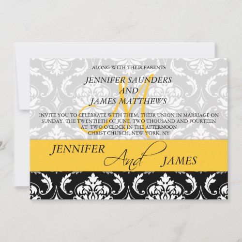 Damask Monogram Names Yellow Wedding Invitation