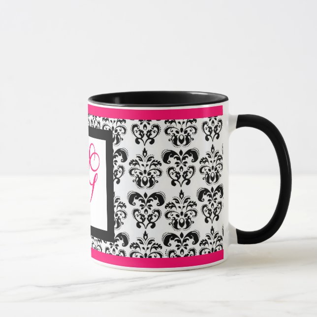 DAMASK MONOGRAM,Pink Fuchsia Black White Floral Mug (Right)