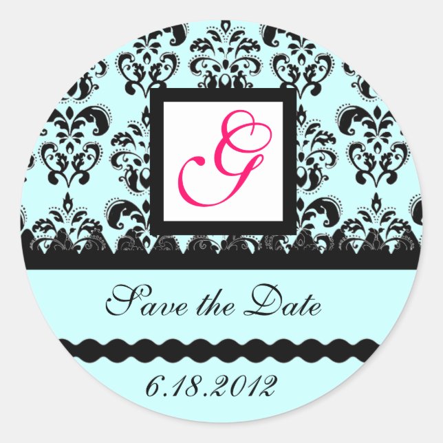 DAMASK MONOGRAM,pink fuchsia blue Classic Round Sticker (Front)