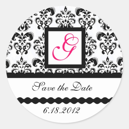 DAMASK MONOGRAMpink fuchsia Classic Round Sticker